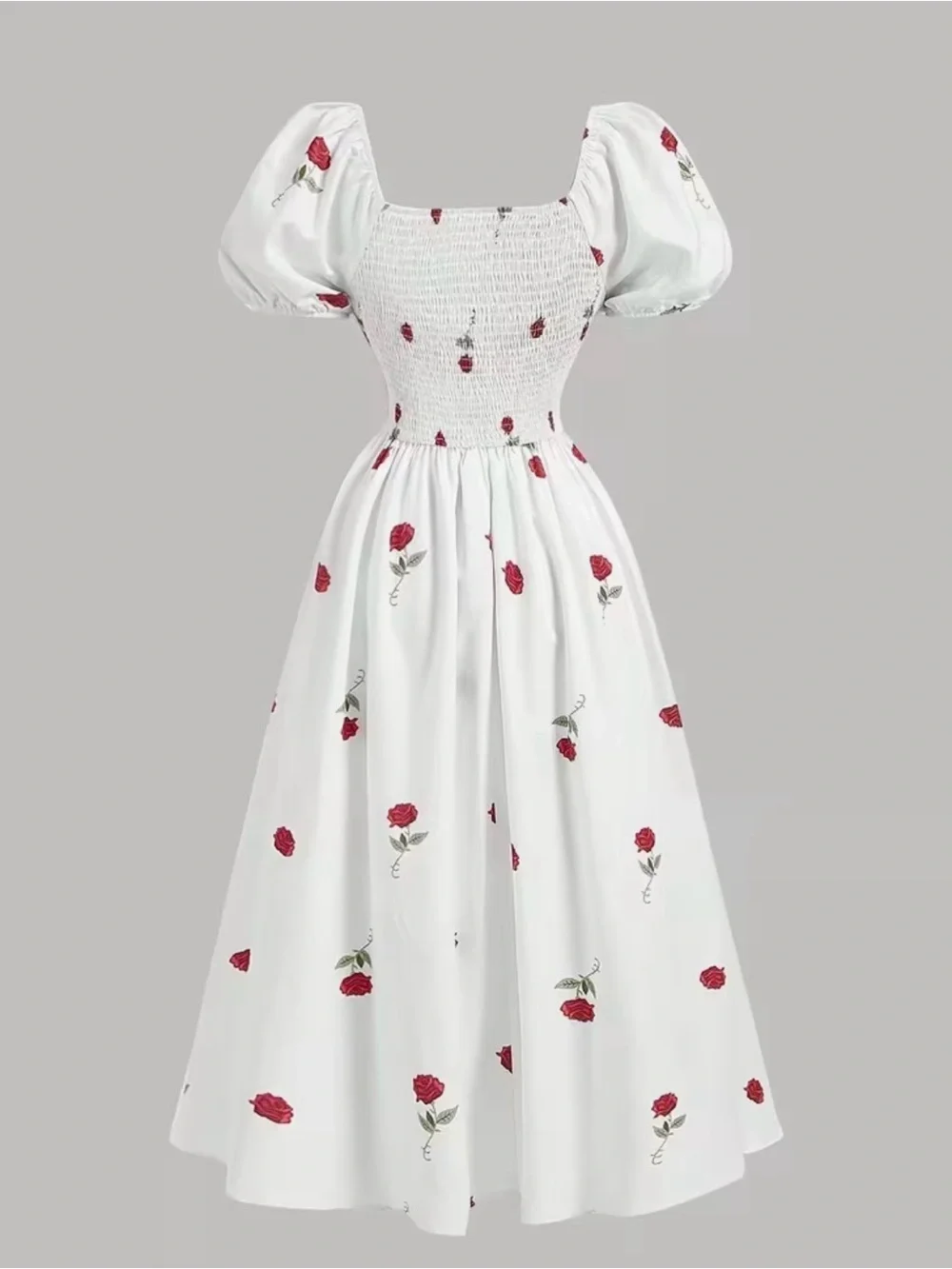 White Midi Dress with Red Rose Print - Puff Sleeve - Picture 4 of 4